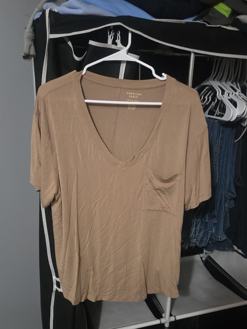 American Eagle Outfitters Tan V-Neck Pocket Tee